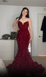 Sexy Mermaid Red Sheath Strapless Sequined Floor Length Prom Dresses HZ1024
