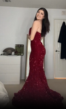 Sexy Mermaid Red Sheath Strapless Sequined Floor Length Prom Dresses HZ1024