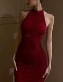 Burgundy Neck Strapless Sequined Skinny Mermaid Long Prom Dresses HZ1024