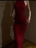 Burgundy Neck Strapless Sequined Skinny Mermaid Long Prom Dresses HZ1024