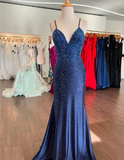 Navy Blue Mermaid Neckline Sequins Sexy Long Prom Dresses Birthday Dresses HZ1024
