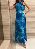 Blue Swoosh Neckline Strapless Ankle Length Dress HZ1024