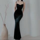 Black Velvet Mermaid Spaghetti Strap Simple Long Prom Dresses HZ1024