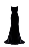 Black Velvet Mermaid Spaghetti Strap Simple Long Prom Dresses HZ1024