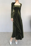 Green Long Sleeve Elegant Velvet A-Line Long Prom Dresses HZ1024