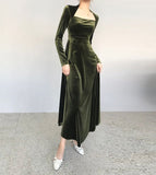 Green Long Sleeve Elegant Velvet A-Line Long Prom Dresses HZ1024
