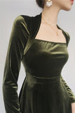 Green Long Sleeve Elegant Velvet A-Line Long Prom Dresses HZ1024