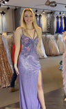 Purple Mermaid High Split Spaghetti Strap Bow Sequin Long Prom Dresses HZ1024