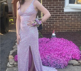 Pink V Neck Straps Sequins Cutout Split Long Prom Dresses HZ1024