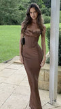 Brown Sexy Spaghetti Strap Sleeveless Mermaid Long Prom Dresses HZ1024