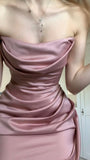 Pink Mermaid Sexy Sheath Strapless Split Satin Long Prom Dresses HZ1024