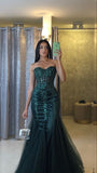 Green Mermaid Heart Neck Strapless Sequined Tulle Long Prom Dresses HZ1024