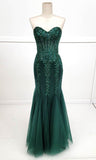 Green Mermaid Heart Neck Strapless Sequined Tulle Long Prom Dresses HZ1024