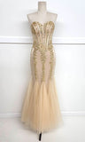 Green Mermaid Heart Neck Strapless Sequined Tulle Long Prom Dresses HZ1024
