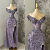 Elegant Purple Mermaid Off-the-shoulder Sequined High Slit Chiffon Long Ball Gown HZ1024