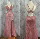Pink halterneck sequined V-neck high slit backless long ball gown HZ1024