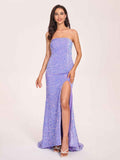 Blue Strapless Sequined High Slit Long Ball Gown HZ1024