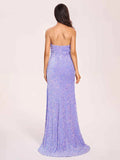 Blue Strapless Sequined High Slit Long Ball Gown HZ1024