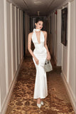 Vintage Ivory Mermaid Sleeveless Satin Backless Wedding Dress HZ1024