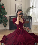 Burgundy Velvet V-Neck Short Puff Sleeve A-Line Floor Length HZ1024
