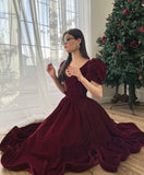 Burgundy Velvet V-Neck Short Puff Sleeve A-Line Floor Length HZ1024