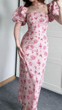 Pink Floral Mermaid Short Sleeve Long Prom Dress HZ1024