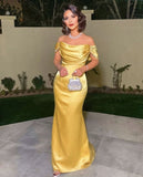 Yellow satin mermaid off-shoulder long ball gown HZ1024