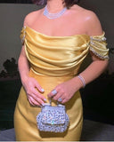 Yellow satin mermaid off-shoulder long ball gown HZ1024