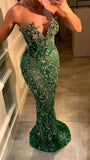 Green mermaid heavy strapless sweetheart neckline beaded glitter long ball gown HZ1024