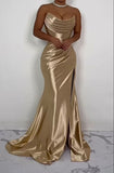 Champagne Mermaid Strapless Satin Slit Long Evening Dress HZ1024