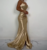 Champagne Mermaid Strapless Satin Slit Long Evening Dress HZ1024