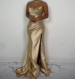Champagne Mermaid Strapless Satin Slit Long Evening Dress HZ1024