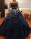 Navy A-Line Tulle Silver Beaded Sequin Strapless Evening Gown HZ1024