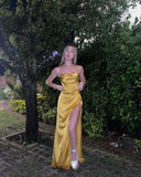 Yellow spaghetti strap sleeveless satin high slit evening dress HZ1024