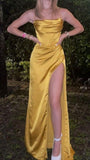 Yellow spaghetti strap sleeveless satin high slit evening dress HZ1024