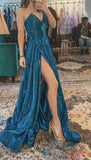 Sexy Off Shoulder Glittering High Side Slit V Neck A-Line Evening Gown Long Dress Ball Gown HZ1024