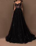 Black A-line spaghetti strap sweetheart neck tulle sequin party dress evening gown HZ1024