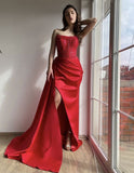Red A-line strapless sequined satin slit long evening dress HZ1024