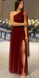 Burgundy One Shoulder A-line Tulle Slit Long Evening Gown Ball Gown HZ1024