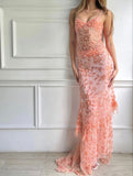 Pink Spaghetti Strap Lace Gorgeous Mermaid Evening Dress HZ1024