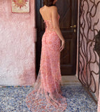 Pink Spaghetti Strap Lace Gorgeous Mermaid Evening Dress HZ1024