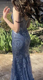 Charming Grey V Neck Lace Strap Mermaid Ball Gown Long Evening Dress HZ1024