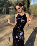 Vintage Navy Mermaid Embroidery Round Neck Off Shoulder Velvet Dress HZ1024