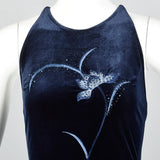 Vintage Navy Mermaid Embroidery Round Neck Off Shoulder Velvet Dress HZ1024