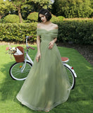 Simple green A-line tulle long prom dress, green formal bridesmaid dresses HZ1024