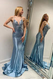 Blue V-neck mermaid sequined satin lace-up long ball gown evening dress HZ1024