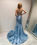 Blue V-neck mermaid sequined satin lace-up long ball gown evening dress HZ1024