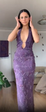 Charming Purple Halter Mermaid Deep V Neck Evening Gown Prom Dress HZ1024