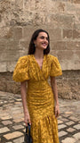 Special Yellow V-neck Lace Short Sleeve Mermaid Evening Dress Prom Dress HZ1024