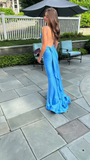 Blue Mermaid Backless Ball Gown Elegant Evening Dress HZ1024